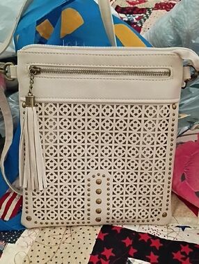 Women's White Laser-Cut Crossbody Bag with Tassel